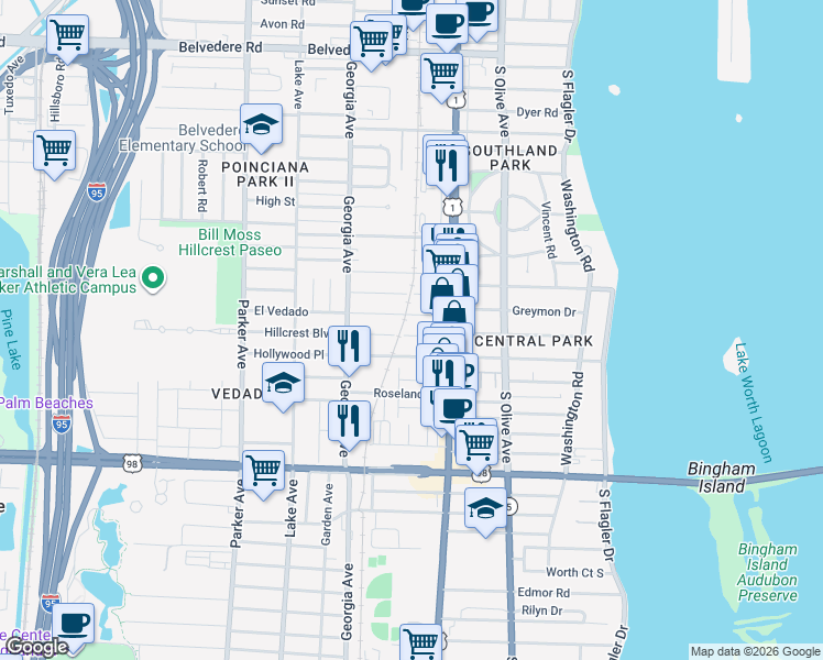 map of restaurants, bars, coffee shops, grocery stores, and more near 445 Avenida Alegre in West Palm Beach