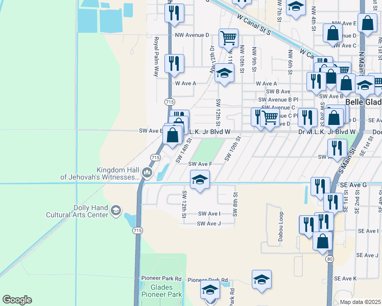map of restaurants, bars, coffee shops, grocery stores, and more near 560 Southwest 13th Street in Belle Glade