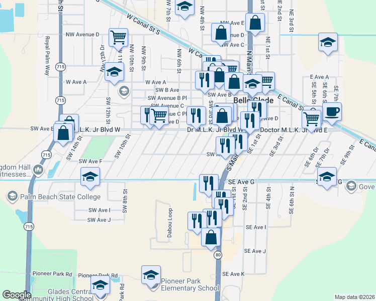 map of restaurants, bars, coffee shops, grocery stores, and more near 588 Southwest 4th Street in Belle Glade