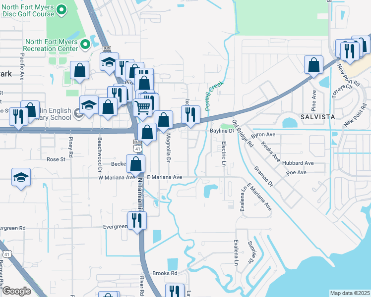 map of restaurants, bars, coffee shops, grocery stores, and more near 1607 Ixora Drive in North Fort Myers