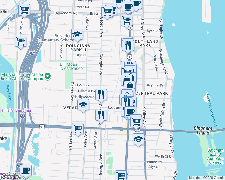 map of restaurants, bars, coffee shops, grocery stores, and more near 445 Avenida Alegre in West Palm Beach