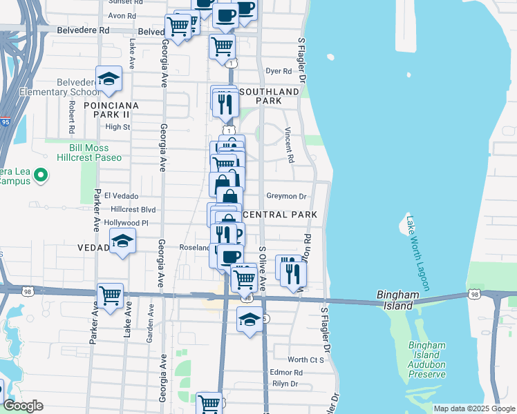 map of restaurants, bars, coffee shops, grocery stores, and more near 301 Edgewood Drive in West Palm Beach