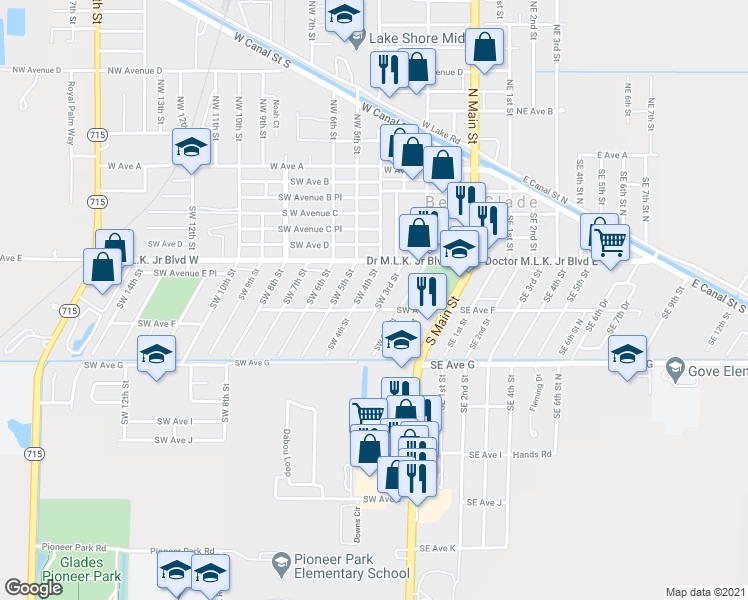 map of restaurants, bars, coffee shops, grocery stores, and more near 566 Southwest 3rd Street in Belle Glade