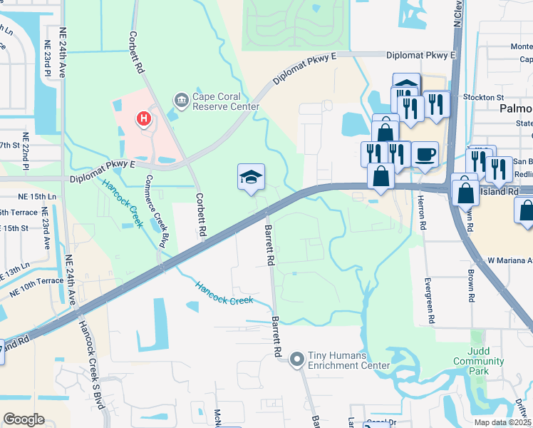 map of restaurants, bars, coffee shops, grocery stores, and more near NE Pine Island Rd & Barrett Rd in Hancock
