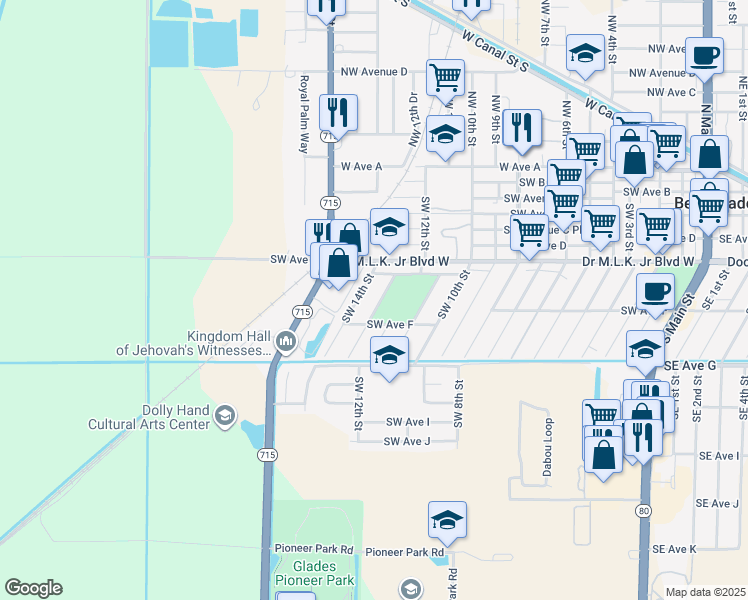 map of restaurants, bars, coffee shops, grocery stores, and more near 560 Southwest 13th Street in Belle Glade
