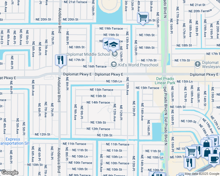 map of restaurants, bars, coffee shops, grocery stores, and more near 1122 Northeast 15th Terrace in Cape Coral