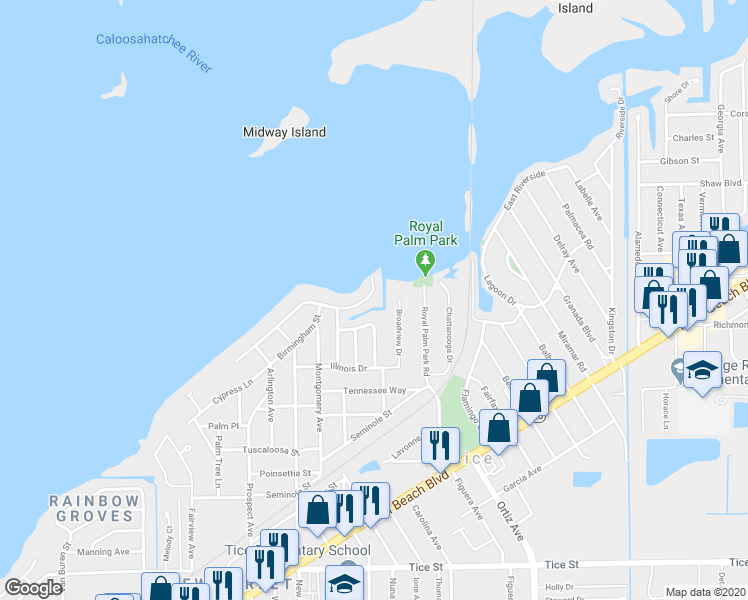 map of restaurants, bars, coffee shops, grocery stores, and more near 4560 East Riverside Drive in Fort Myers