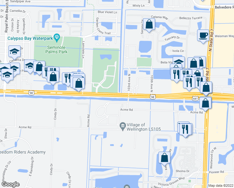 map of restaurants, bars, coffee shops, grocery stores, and more near Southern Boulevard in Royal Palm Beach