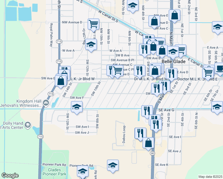 map of restaurants, bars, coffee shops, grocery stores, and more near 557 Southwest 8th Street in Belle Glade