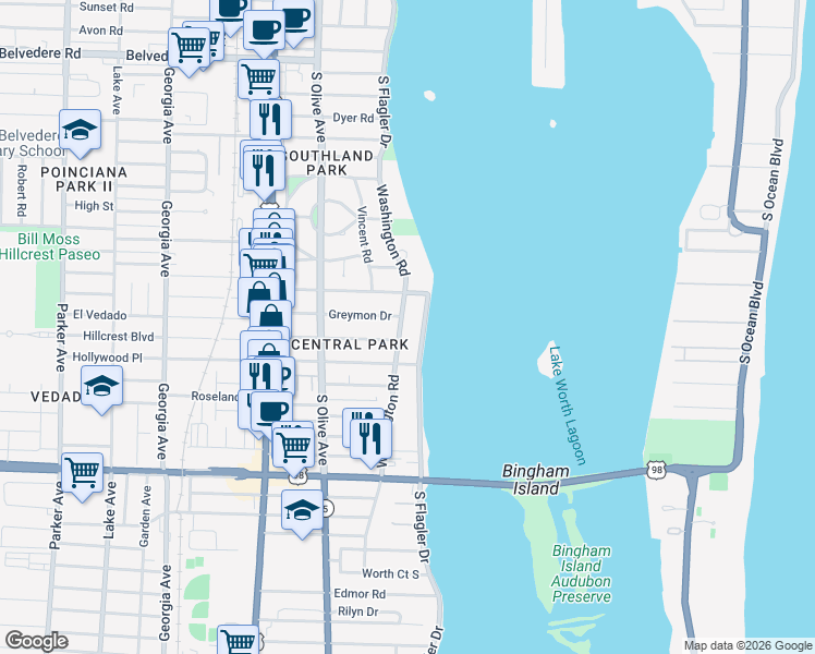 map of restaurants, bars, coffee shops, grocery stores, and more near 3423 South Flagler Drive in West Palm Beach