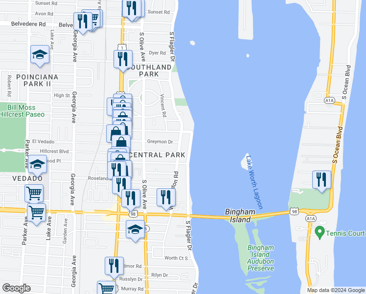 map of restaurants, bars, coffee shops, grocery stores, and more near 3423 South Flagler Drive in West Palm Beach