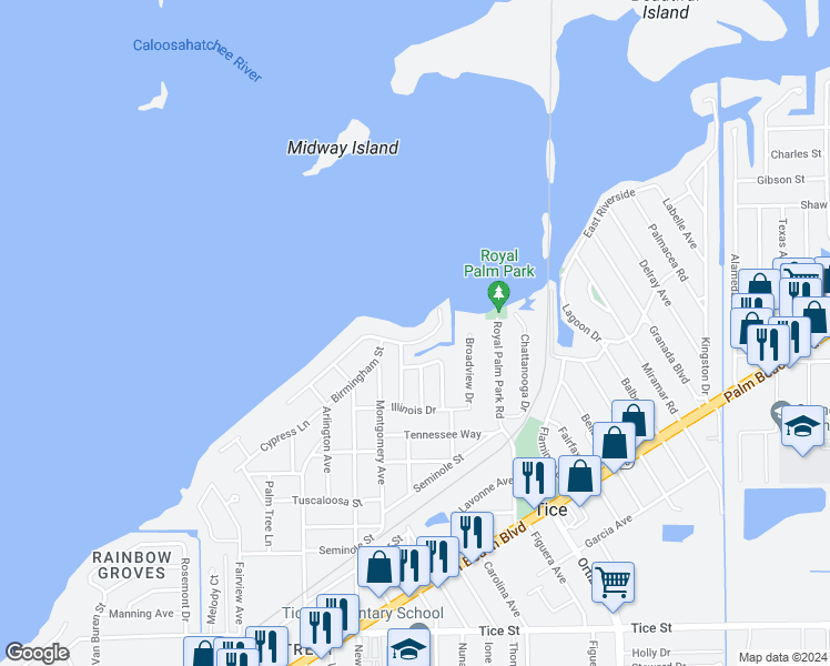 map of restaurants, bars, coffee shops, grocery stores, and more near 4537 East Riverside Drive in Fort Myers
