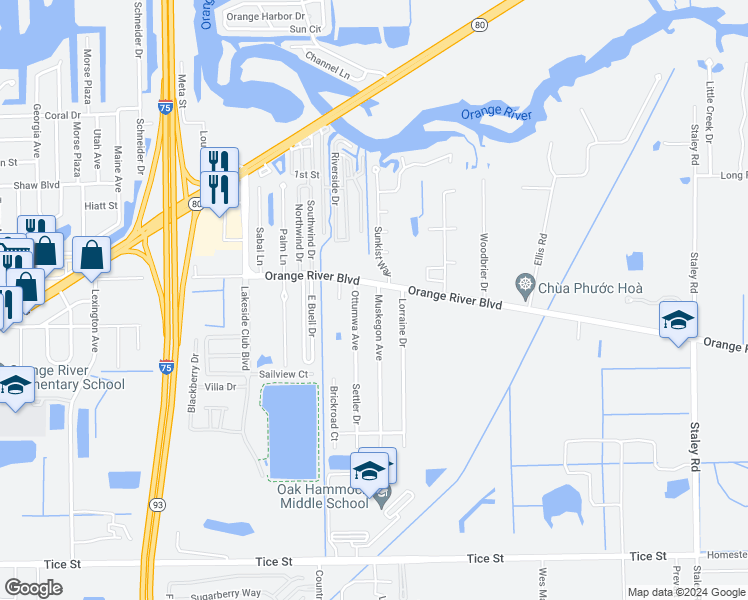 map of restaurants, bars, coffee shops, grocery stores, and more near 346 Muskegon Avenue in Fort Myers