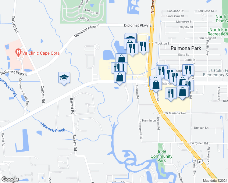 map of restaurants, bars, coffee shops, grocery stores, and more near Judd Creek Boulevard in North Fort Myers