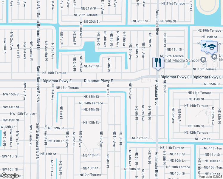 map of restaurants, bars, coffee shops, grocery stores, and more near 420 Northeast 15th Terrace in Cape Coral