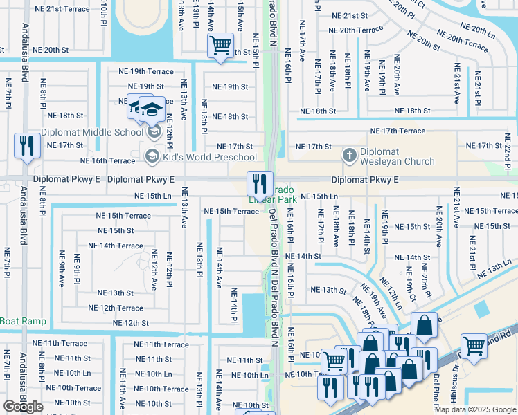 map of restaurants, bars, coffee shops, grocery stores, and more near 1513 Northeast 15th Terrace in Cape Coral