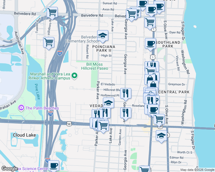 map of restaurants, bars, coffee shops, grocery stores, and more near 800 Hillcrest Boulevard in West Palm Beach