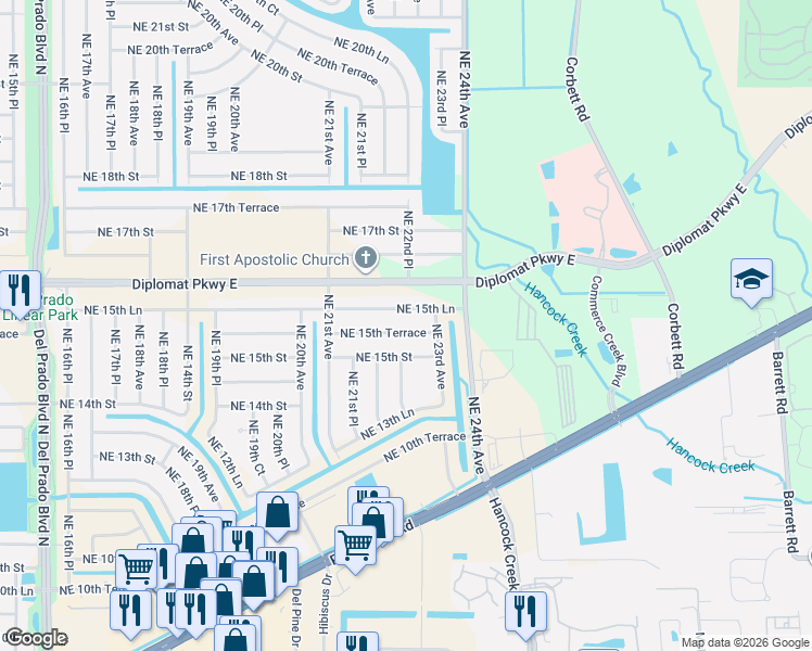 map of restaurants, bars, coffee shops, grocery stores, and more near 2222 Northeast 15th Terrace in Cape Coral