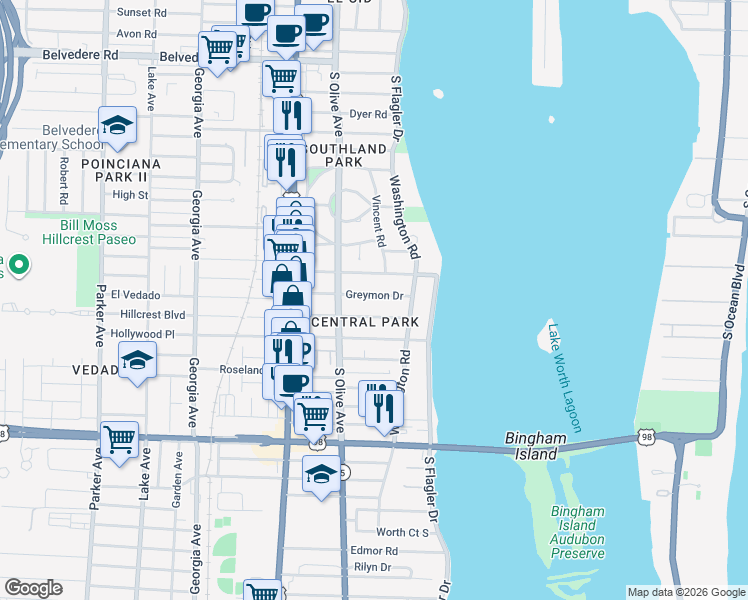 map of restaurants, bars, coffee shops, grocery stores, and more near 206 Greymon Drive in West Palm Beach