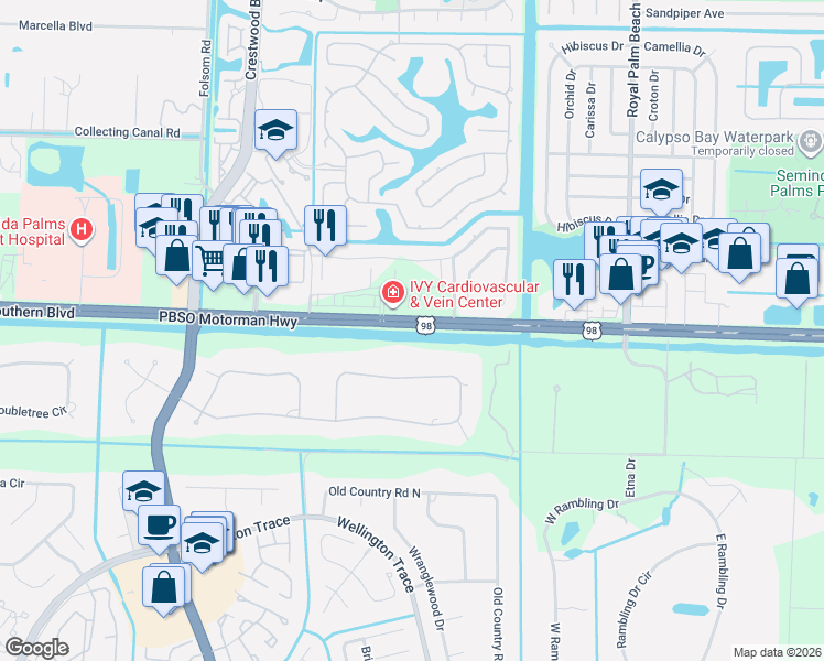 map of restaurants, bars, coffee shops, grocery stores, and more near 12231 Areaca Drive in Wellington