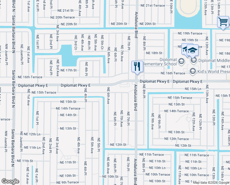 map of restaurants, bars, coffee shops, grocery stores, and more near Northeast 6th Place in Cape Coral
