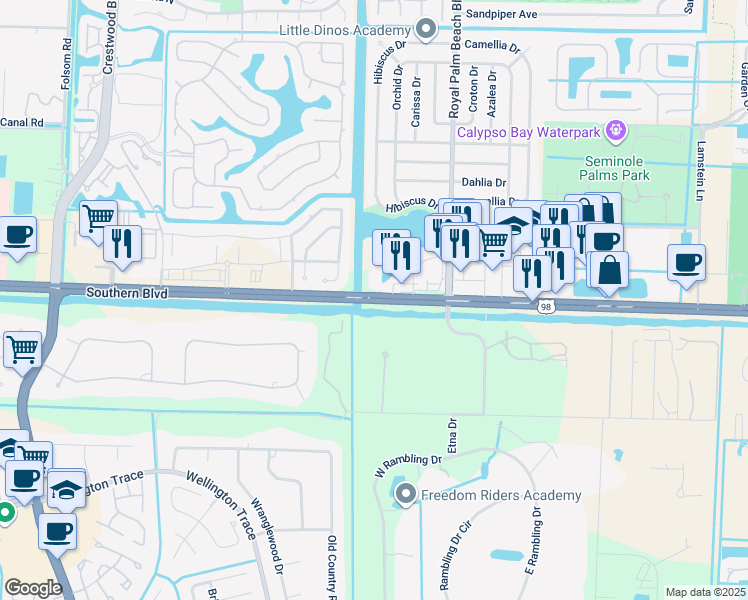 map of restaurants, bars, coffee shops, grocery stores, and more near 11903 Southern Boulevard in Royal Palm Beach