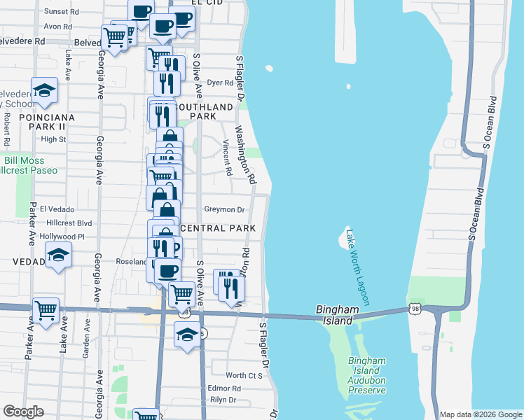 map of restaurants, bars, coffee shops, grocery stores, and more near 102 Greenwood Drive in West Palm Beach