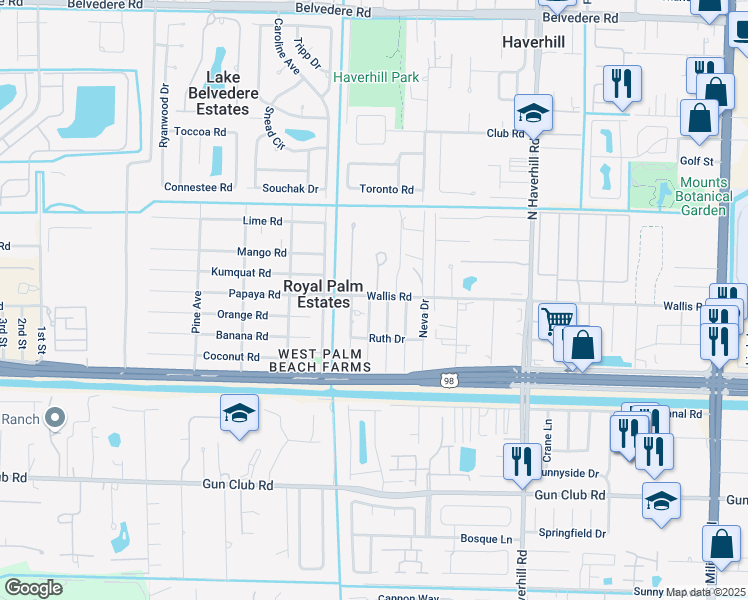 map of restaurants, bars, coffee shops, grocery stores, and more near 5443 Wallis Road in West Palm Beach