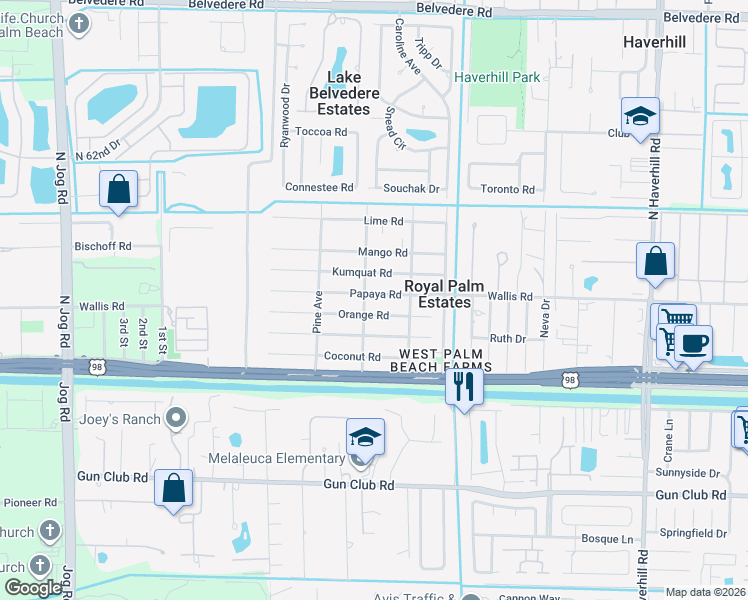 map of restaurants, bars, coffee shops, grocery stores, and more near 5692 Kumquat Road in West Palm Beach