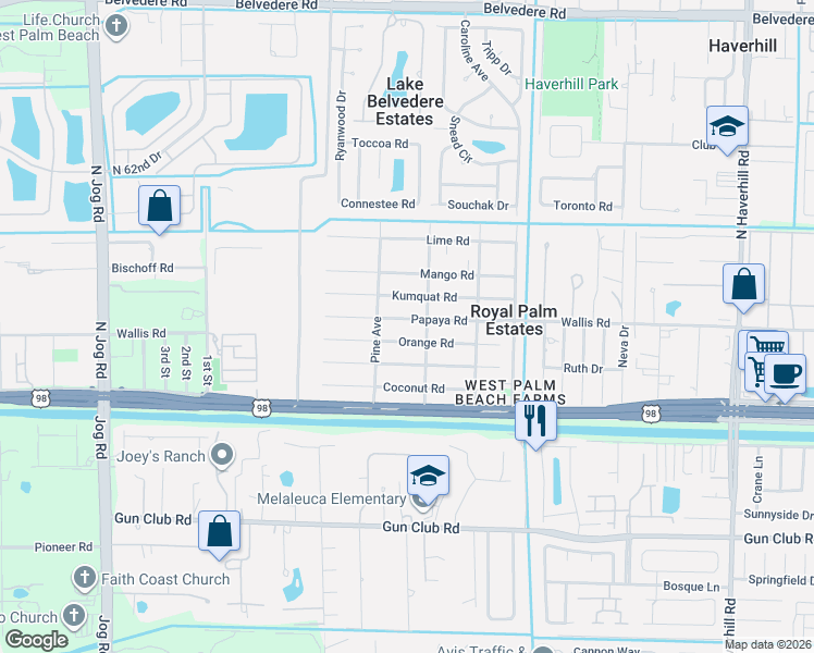 map of restaurants, bars, coffee shops, grocery stores, and more near 5776 Kumquat Road in West Palm Beach