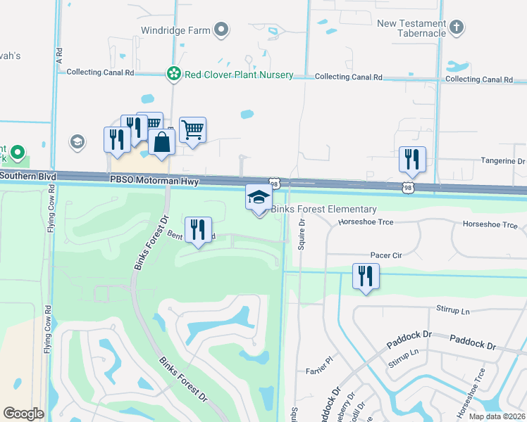map of restaurants, bars, coffee shops, grocery stores, and more near 15060-15454 Southern Boulevard in Loxahatchee