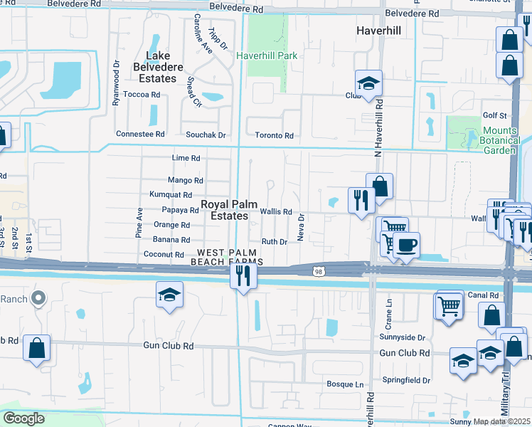 map of restaurants, bars, coffee shops, grocery stores, and more near 5443 Wallis Road in West Palm Beach