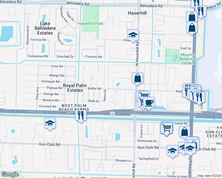map of restaurants, bars, coffee shops, grocery stores, and more near 5213 Wallis Road in West Palm Beach