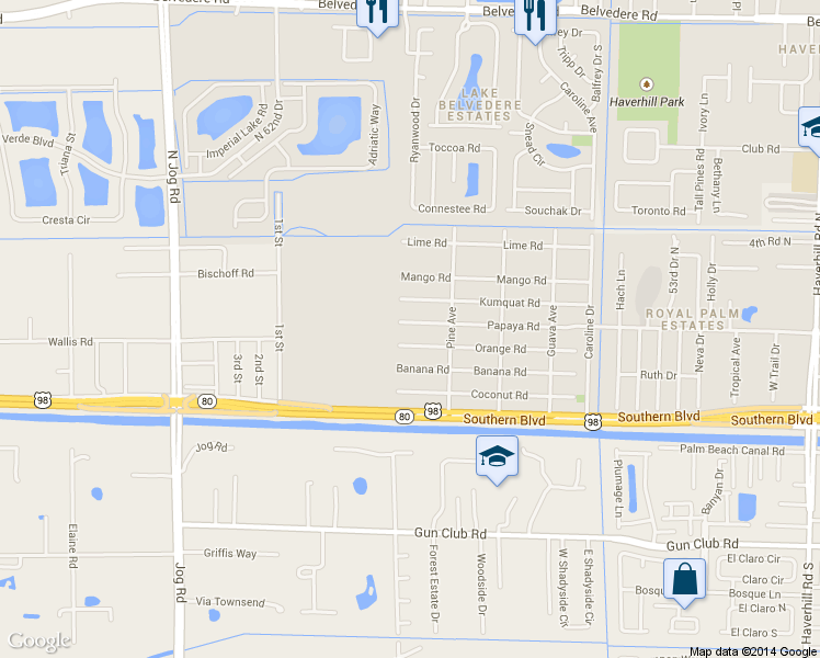map of restaurants, bars, coffee shops, grocery stores, and more near 5969 Papaya Road in West Palm Beach