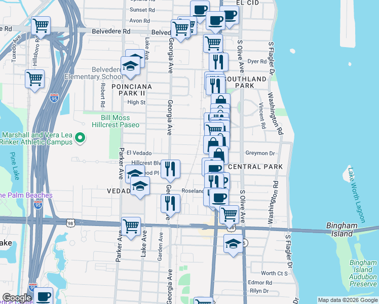 map of restaurants, bars, coffee shops, grocery stores, and more near 503 El Prado in West Palm Beach