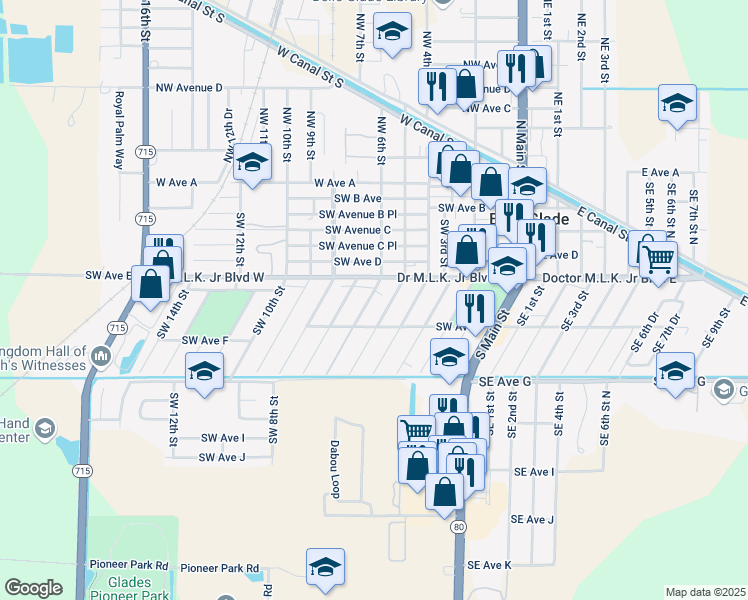 map of restaurants, bars, coffee shops, grocery stores, and more near 612 Southwest Avenue East in Belle Glade