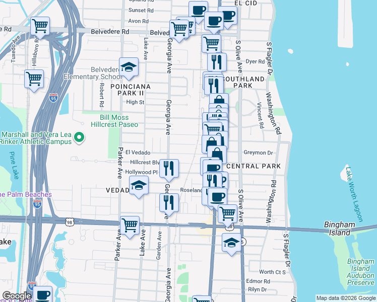 map of restaurants, bars, coffee shops, grocery stores, and more near 513 El Vedado in West Palm Beach