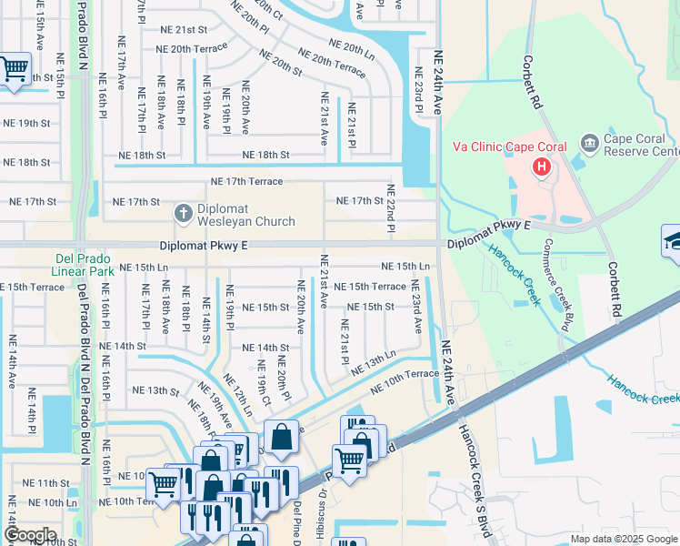 map of restaurants, bars, coffee shops, grocery stores, and more near 2108 Northeast 15th Lane in Cape Coral