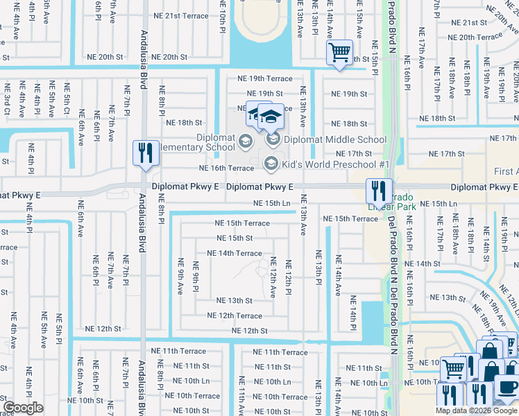 map of restaurants, bars, coffee shops, grocery stores, and more near 1121 Northeast 15th Lane in Cape Coral