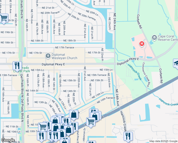 map of restaurants, bars, coffee shops, grocery stores, and more near 2101 Northeast 15th Lane in Cape Coral