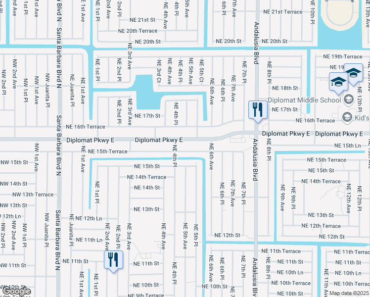 map of restaurants, bars, coffee shops, grocery stores, and more near 504 Diplomat Parkway East in Cape Coral