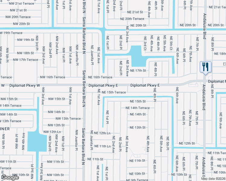 map of restaurants, bars, coffee shops, grocery stores, and more near 131 Northeast 15th Terrace in Cape Coral