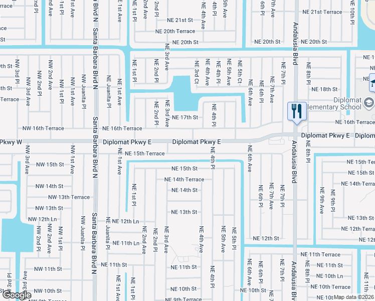 map of restaurants, bars, coffee shops, grocery stores, and more near 330 Diplomat Parkway East in Cape Coral
