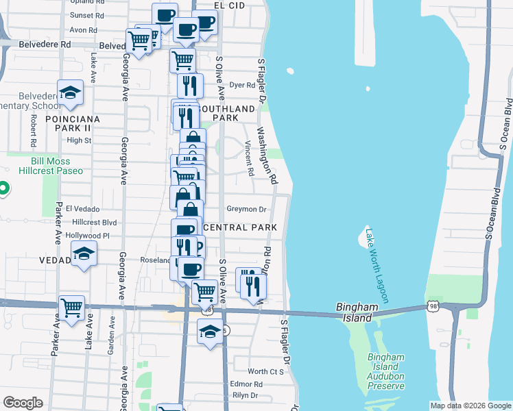 map of restaurants, bars, coffee shops, grocery stores, and more near 143 Greymon Drive in West Palm Beach