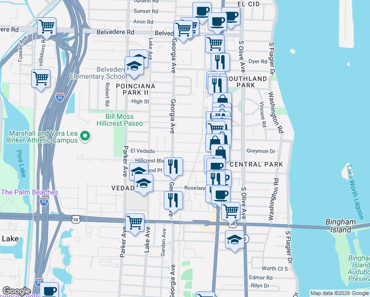 map of restaurants, bars, coffee shops, grocery stores, and more near 615 El Prado in West Palm Beach