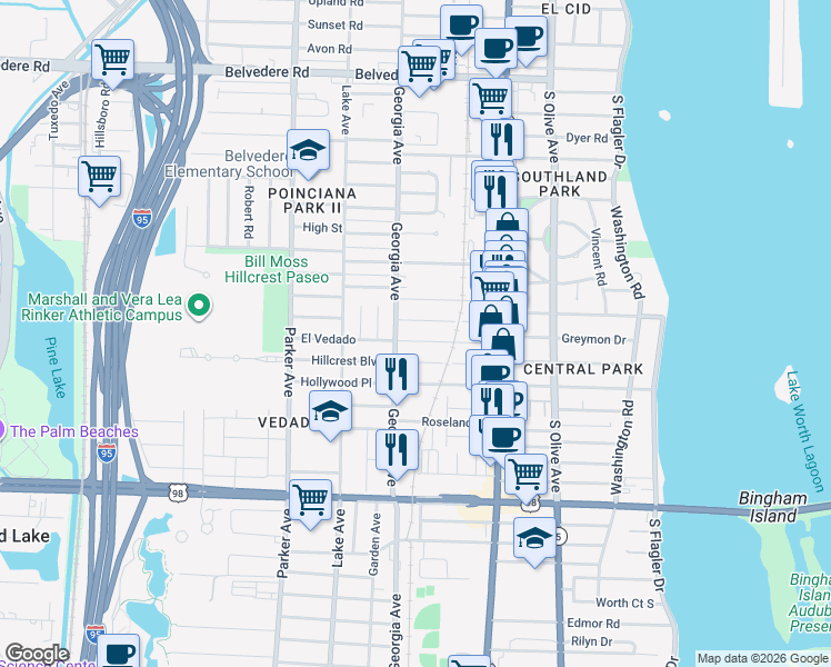 map of restaurants, bars, coffee shops, grocery stores, and more near 615 El Prado in West Palm Beach