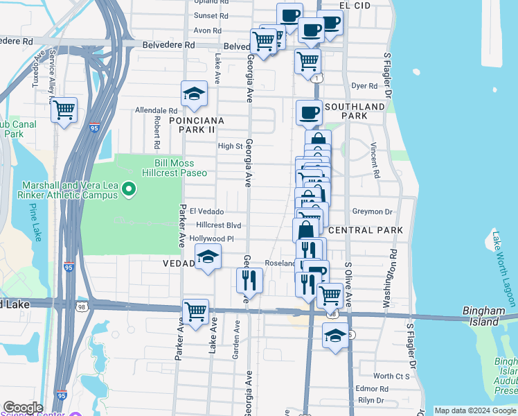 map of restaurants, bars, coffee shops, grocery stores, and more near 615 El Prado in West Palm Beach