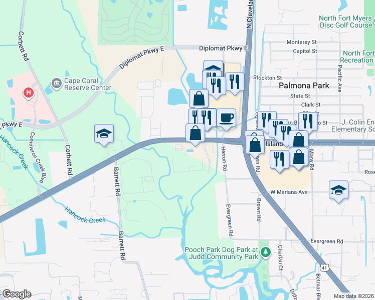 map of restaurants, bars, coffee shops, grocery stores, and more near 3050 Steeple Cir in Cape Coral