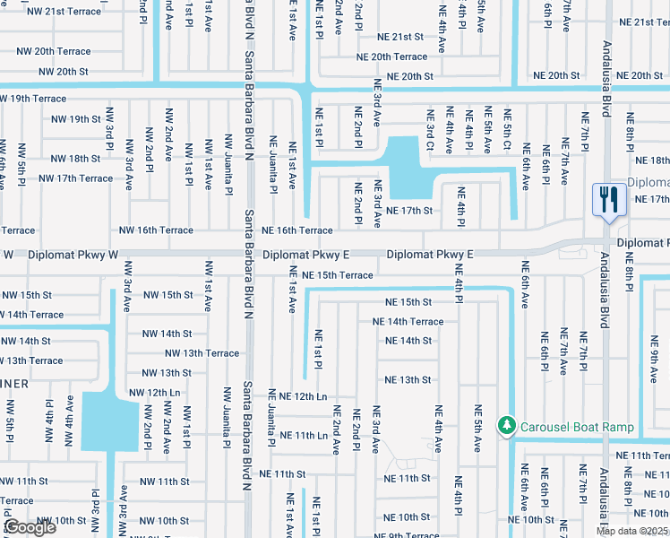 map of restaurants, bars, coffee shops, grocery stores, and more near 131 Northeast 15th Terrace in Cape Coral