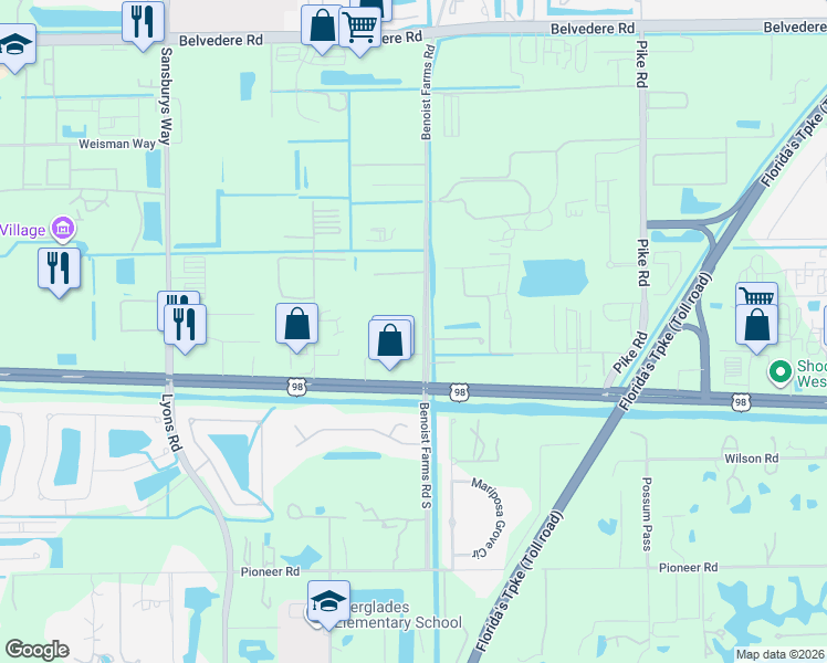 map of restaurants, bars, coffee shops, grocery stores, and more near 107 Benoist Farms Road in West Palm Beach